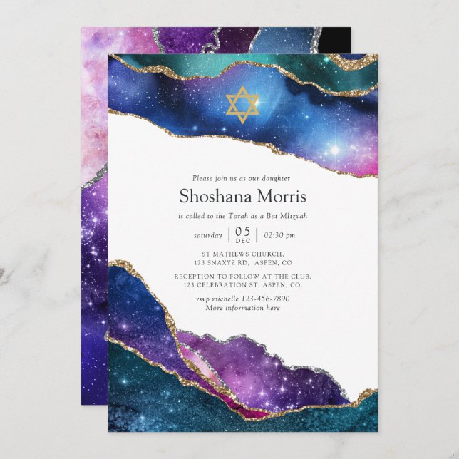 Galaxy Agate Bat Mitzvah Convite (Frente/Verso)