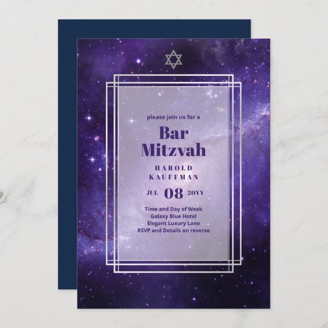GALAXY Boys BAR MITVAH Space Purple Convite (Frente/Verso)