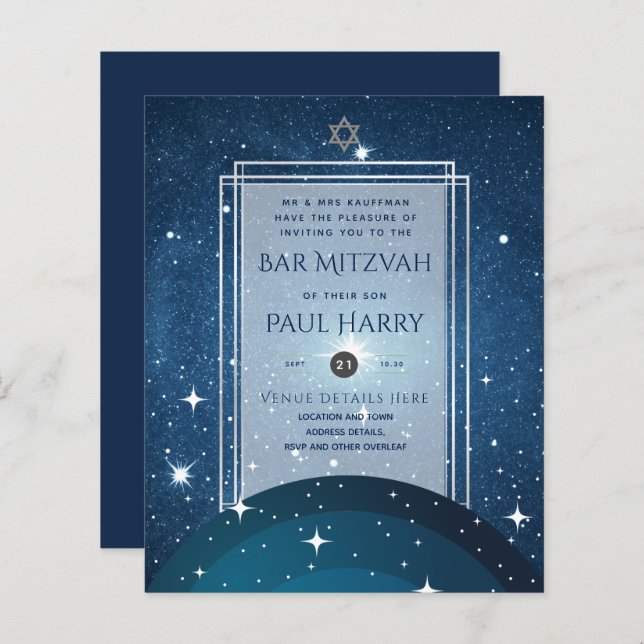 Galaxy Starry Night BAR MITZVAH Convite Marinho (Frente/Verso)