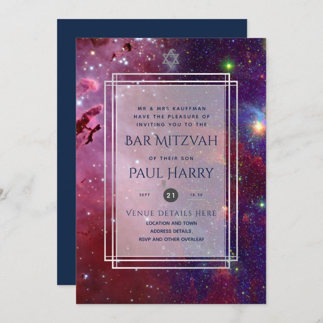 Galaxy Starry Night BAR MITZVAH Convite Marinho (Frente/Verso)