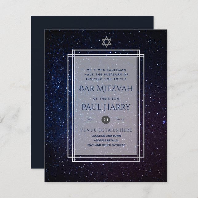 Galaxy Starry Night BAR MITZVAH Convite Marinho (Frente/Verso)