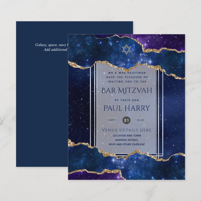 Galaxy Starry Night BAR MITZVAH Convite Marinho (Frente/Verso)