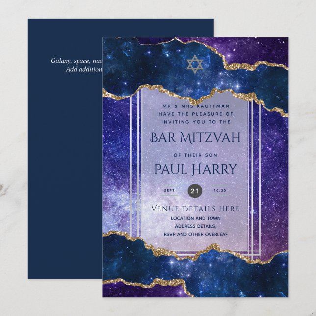 Galaxy Starry Night BAR MITZVAH Convite Marinho (Frente/Verso)