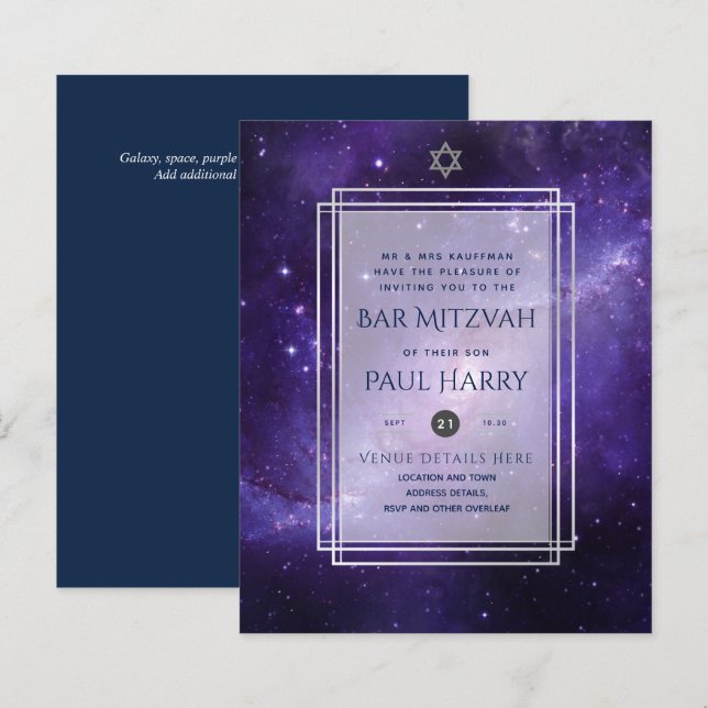 Galaxy Starry Night BAR MITZVAH Convite Marinho (Frente/Verso)