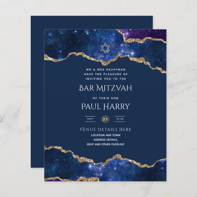 Galaxy Starry Night BAR MITZVAH Convite Marinho (Frente/Verso)