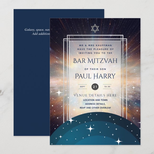 Galaxy Starry Night BAR MITZVAH Convite Marinho (Frente/Verso)