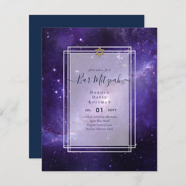 Galaxy Starry Night BAR MITZVAH Convites Azul (Frente/Verso)