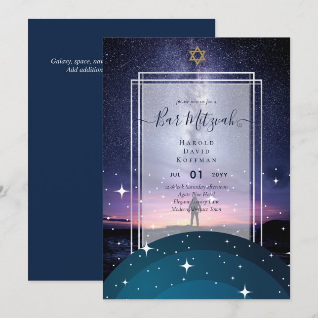 Galaxy Starry Night BAR MITZVAH Convites Azul (Frente/Verso)