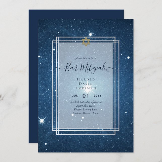 Galaxy Starry Night BAR MITZVAH Convites Azul (Frente/Verso)