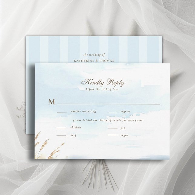 Galeria de Cerca de Praia Selvagem Bandas de Casam (wild beach wedding rsvp card dreamy watercolor ocean fence grass nature formal modern classic)
