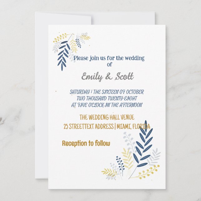 Galhos azuis Dourados Convites de Casamento (Frente)