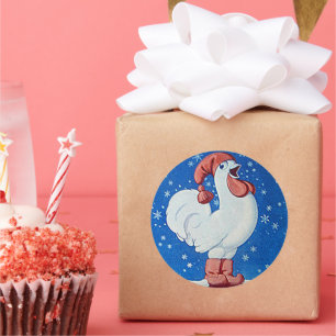 Galinha de chapéu vermelho cantando na etiqueta de