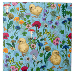 Galinhas e flores silvestres em azul-bebê