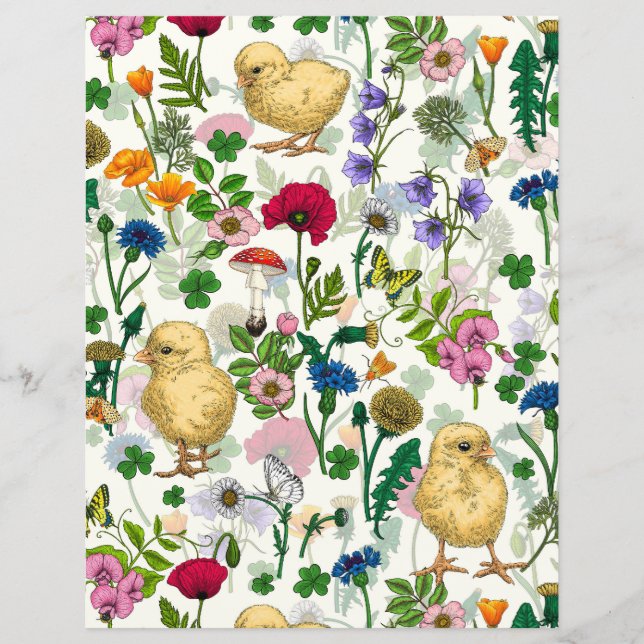 Galinhas e flores silvestres em branco-claro (Frente)