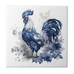 Galo de estilo Delft azul e branco com flores