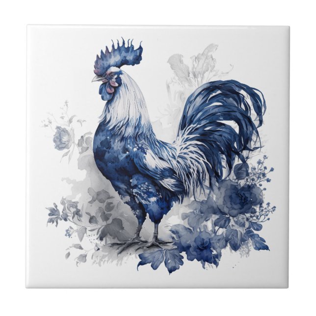 Galo de estilo Delft azul e branco com flores (Frente)