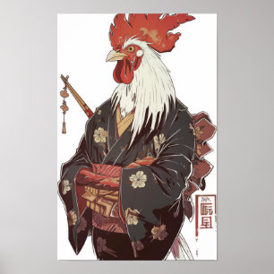 Galo Japonês em Kimono com Poster Chopsticks