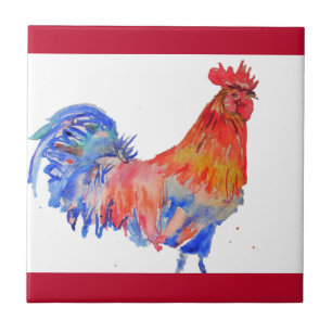 Galo Pintura Aquarela Vermelho Amarelo Azul Frango