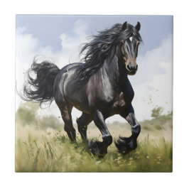 Galopagem De Cavalo Negro Através Da Grama