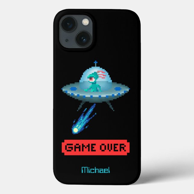 'Game Over' Alien Voando UFO Espaçonave, Pixel Art (Verso)