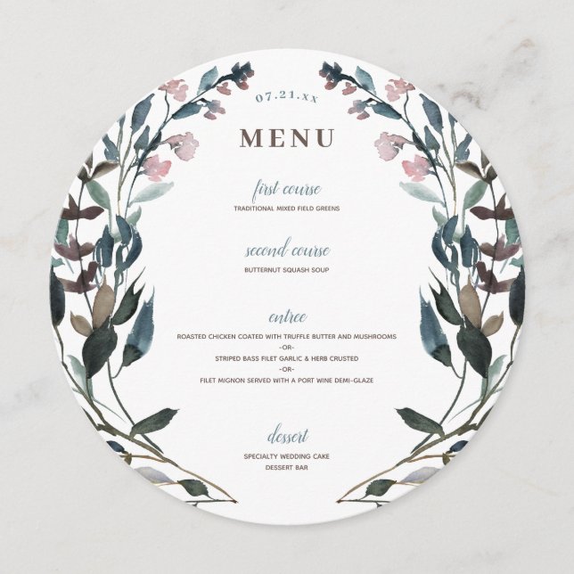 Garden Crest | Menu de Casamento Floral Branco Azu (Frente)