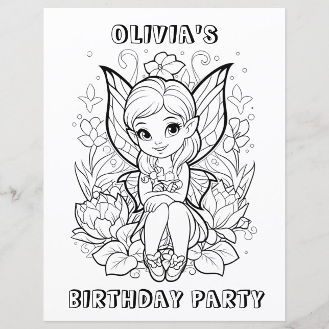 Garden fairy birthday party coloring activity  (Frente)