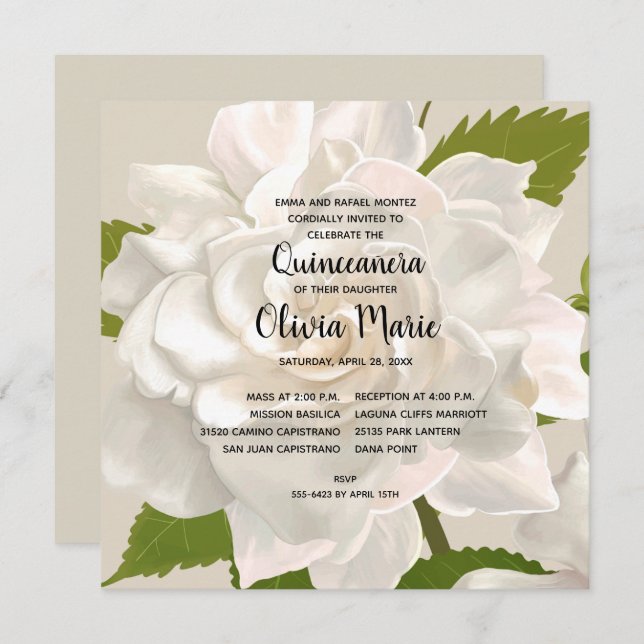 Gardenia Vintage Quinceñera Floral Convites (Frente/Verso)