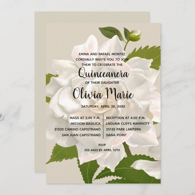 Gardenia Vintage Quinceñera Floral Convites (Frente/Verso)