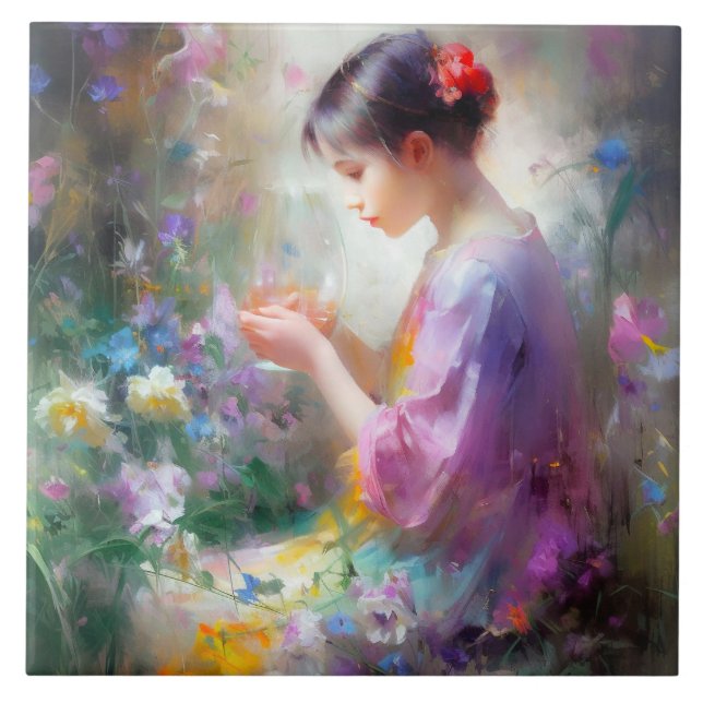 Garota admirando uma flor em suas mãos (Frente)