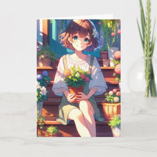 Garota Anime Fofa segurando um cartão de aniversár