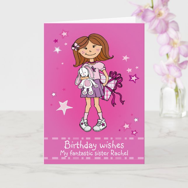 Garota com o presente cartão de aniversário feliz  (Orquídea)