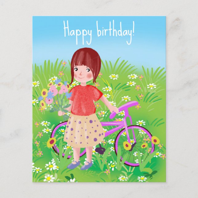 Garota com uma bicicleta em um campo florescente (Frente)