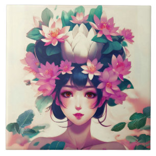 Garota de Anime Coroada com Flores de Lótus
