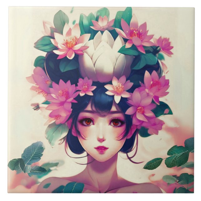Garota de Anime Coroada com Flores de Lótus (Frente)