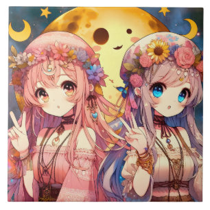 Garota de Anime Hippie Lua Garotas Fazendo Sinal d