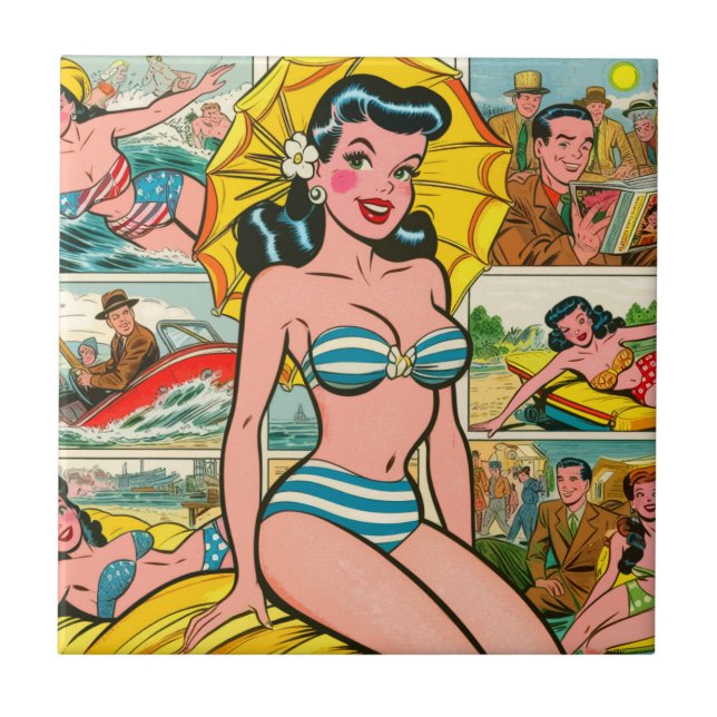 Garota de Biquíni Retrô Quadrinhos de Verão (Frente)