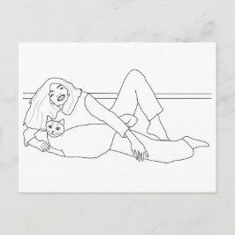 Garota deitada por gato, colorindo cartões postais