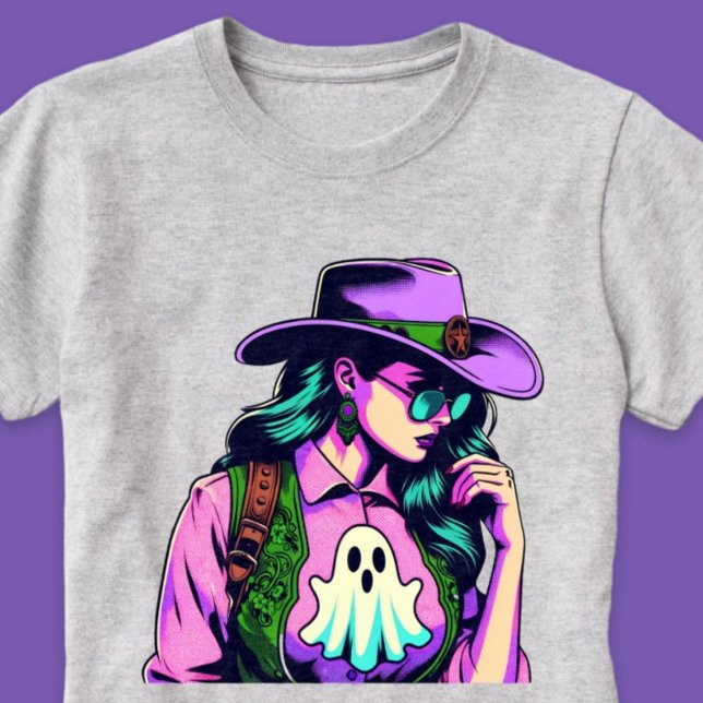 Garota do Dia das Bruxas Ocidental com Camisa de A (Western Halloween Cowgirl with Ghost Pop Art Shirt)