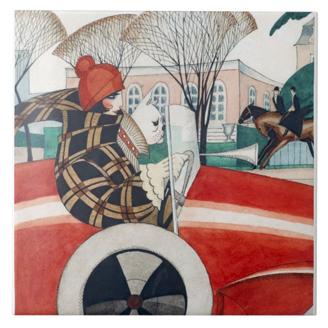 Garota e Cachorro num Automóvel Vermelho (Frente)