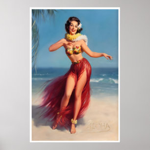 Garota Havaiana de Hula Impressão Arte Pin-Up Vint