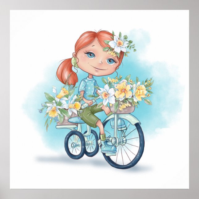 Garota na bicicleta com Poster de flores (Frente)