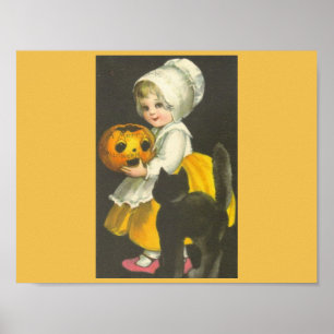 Garota Pumpkin Black Cat Vintage Halloween Poster