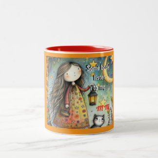 Garota Whimsical e Caneca de Gato "Alguém me escut