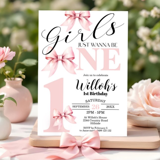 Garotas Arcos Rosa Só Querem Ser Um Convite De Ani (Girls just wanna be ONE 1st Birthday Girl Invitation. Pink Bow on Trend Coquette themed invitation)