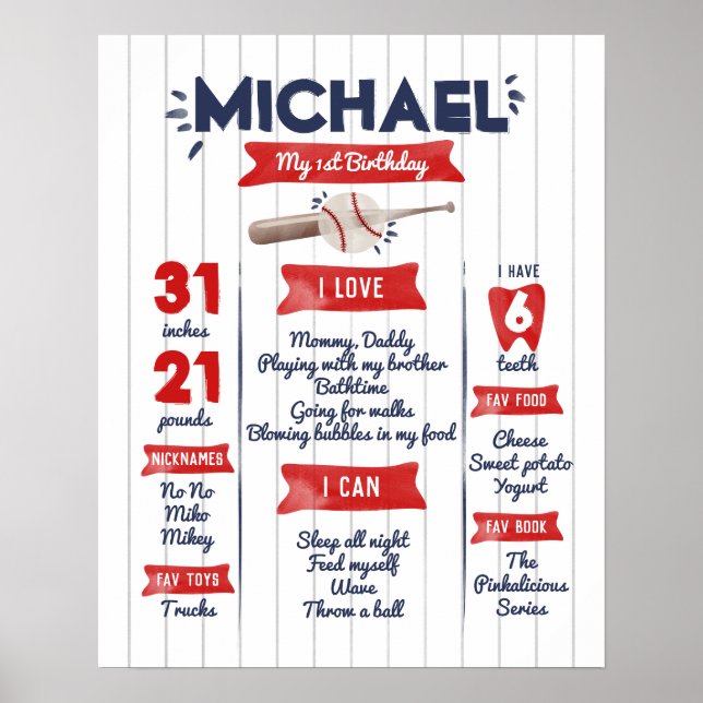 Garoto 1rua Baseball Birthday Milstone Poster (Frente)