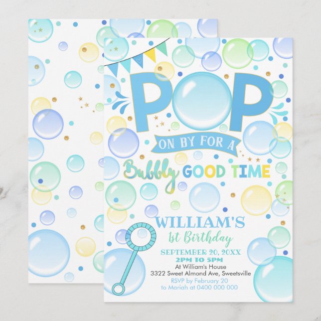Garoto Bolhas Aniversário Pop de Convite Aniversár (Frente/Verso)