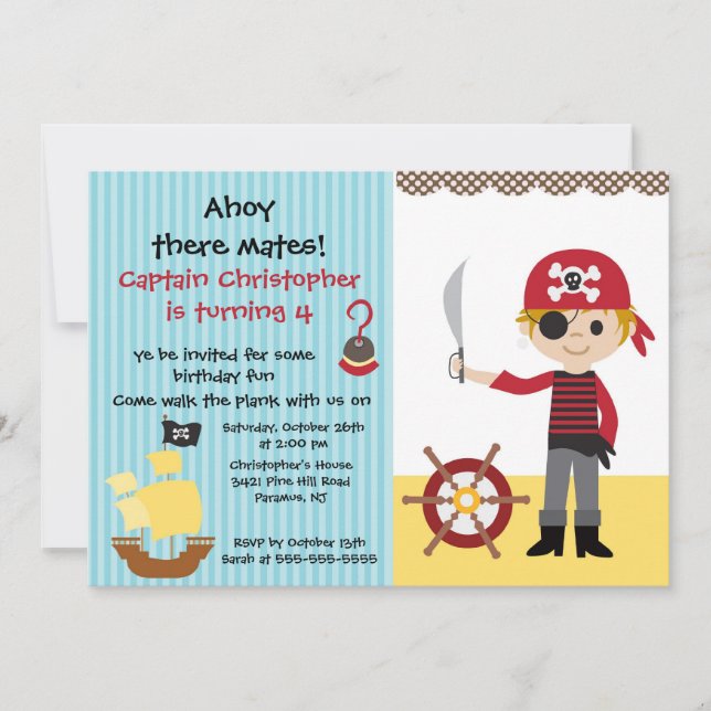 Garoto Convite de aniversário Pirata Ahoy Mates (Frente)