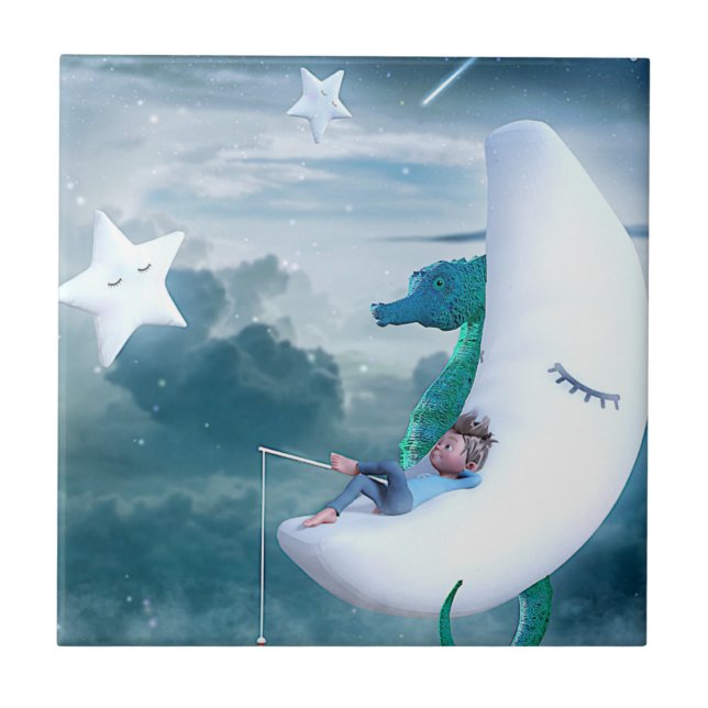 Garoto e cavalo marinho pescando na Lua (Frente)