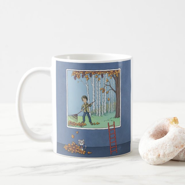 Garoto raking deixa caneca de café (Com Donut)