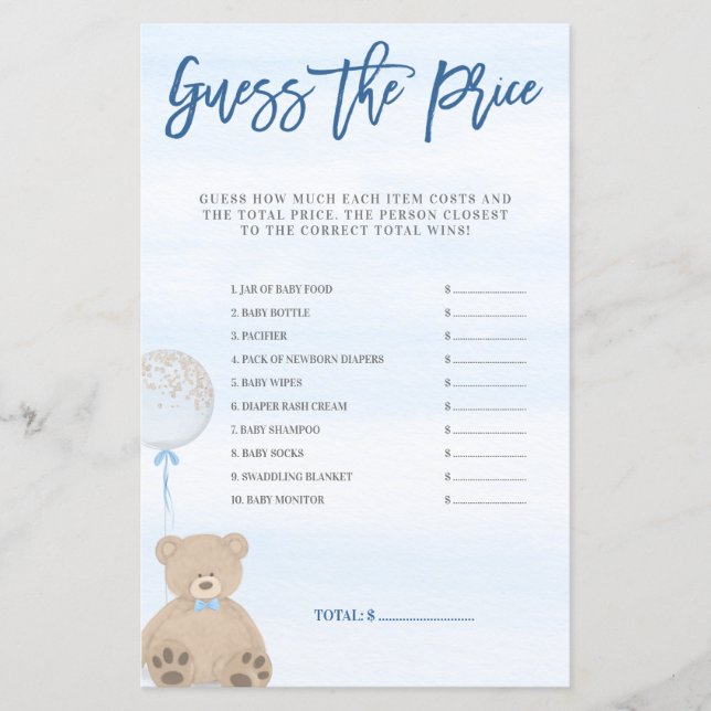 Garoto Urso Azul Balão Adivinha Jogo do Preço (Frente)